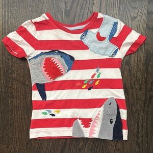 Red and White Striped Short Sleeve Tee with Ocean shark Theme